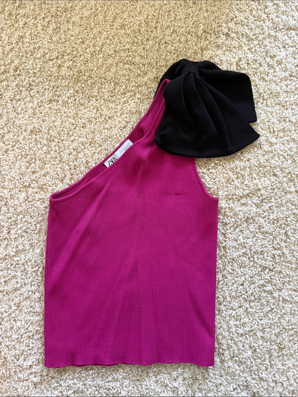 Zara Magenta One-Shoulder Ribbed Tank with Black Bow